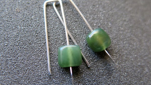 irregular cut green jade earrings. Canadian jade jewelry. small natural jade earrings.