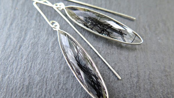 artisan rutilated quartz earrings in sterling silver. gorgeous black dangle earrings in sterling silver. natural gemstone jewellery