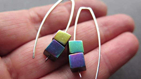 rainbow hematite earrings in sterling silver. modern cube earrings.1 1/2” drop earrings. splurge jewelry.