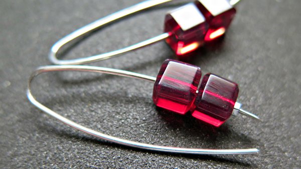 modern red earrings. crystal cube jewelry. 15th wedding anniversary gift of crystal.
