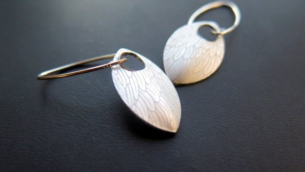 feather earring in anodized aluminum. sterling silver dangle earrings.