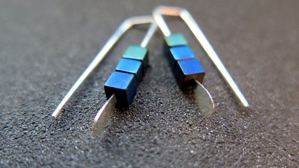 blue earrings. green jewelry. indigo, blue and green hematite beads. small earings.