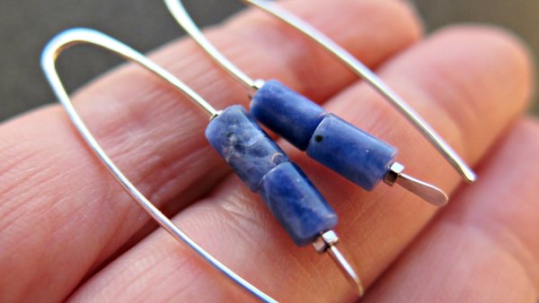 blue sodalite earrings. sterling silver threader earrings. present for sister. made in Canada.