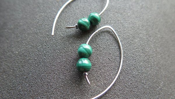 emerald green malachite earrings. modern stone jewelry. sterling silver threader hoops.