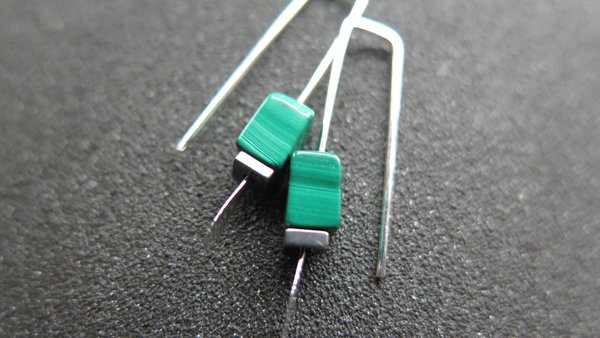 small emerald green earrings. natural malachite jewelry with silver hematite stones. rectangle earrings. made in Calgary