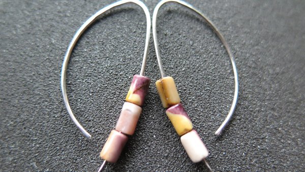 yellow and red earrings. natural mookaite jasper jewelry. modern stone earrings with sterling silver hooks.