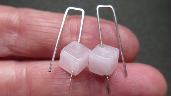 small rose quartz earrings in pale pink and silver. quartz jewelry. cube earrings for women