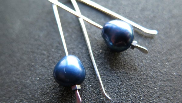 blue pearl earrings in sterling silver. modern freshwater pearl jewelry. 1 1/2” drop earrings. made in Calgary, Canada