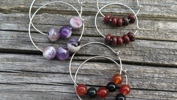 Custom order for M. unique sterling silver hoops with natural amethyst, jasper and carnelian stones. handmade in Calgary.