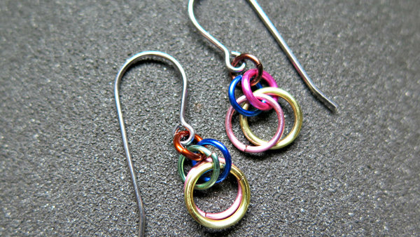 fun chainmail earrings. multicolor dangle earrings. hypoallergenic stainless steel earwires. made in Canada.