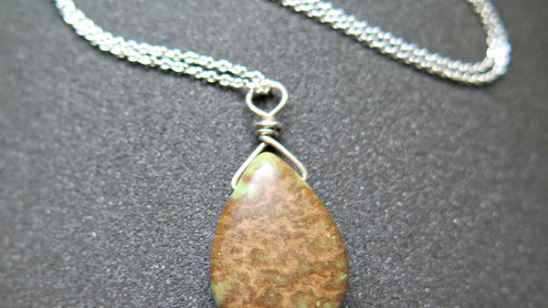 jasper pendant necklace. natural brown and green stone. wire wrapped jewelry. Canadian seller.