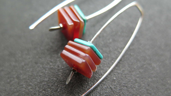 carnelian and turquoise earrings. sterling silver earrings. modern square stone earrings. artisan jewelry. blue and orange jewellery.